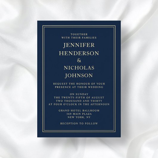 ネイビエレガントーフォーマルブルー結婚ズ金箔 箔招待状