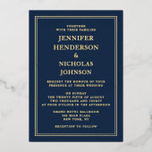 ネイビエレガントーフォーマルブルー結婚ズ金箔 箔招待状 (正面)