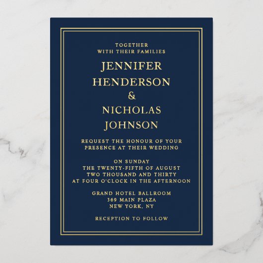 ネイビエレガントーフォーマルブルー結婚ズ金箔 箔招待状 (正面)