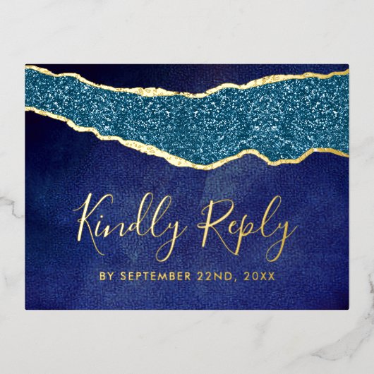 ネイビエレガントーブルアゲートウェディングRSVP実在 箔招待状ポストカード (正面)