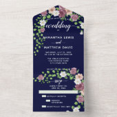 ネイビエレガントーブルウォーター色のフローラ結婚ズ オールインワン招待状 (内側)