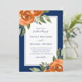 ネイビエレガントーブルオレンジウォーターカラーフローラ結婚ズ 招待状 (スタンド正面)