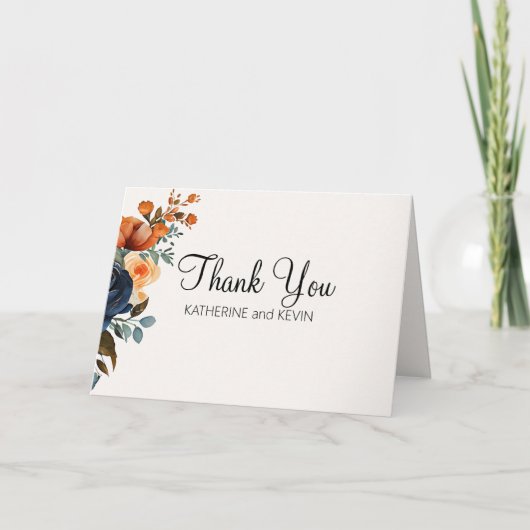 ネイビエレガントーブルオレンジウォーターカラーフローラ サンキューカード (正面)