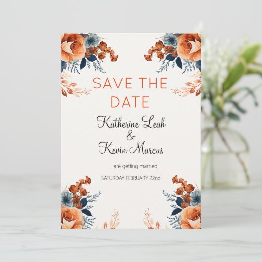 ネイビエレガントーブルオレンジ色のフローラ保存日 招待状 (スタンド正面)