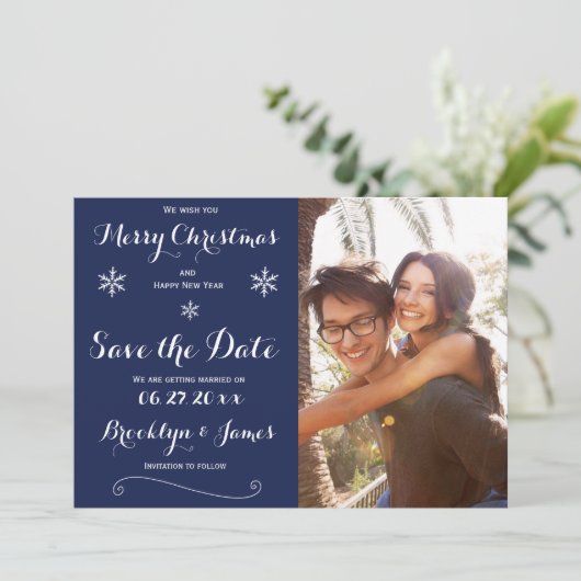 ネイビエレガントーブルクリスマスのカードを保存 セーブザデート (スタンド正面)