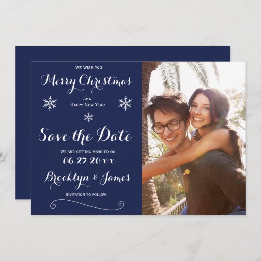 ネイビエレガントーブルクリスマスのカードを保存 セーブザデート (正面/裏面)