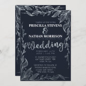 ネイビエレガントーブルシルバー描フローラ結婚つる植物 招待状 (正面/裏面)