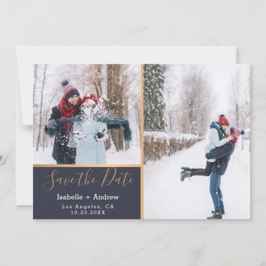 ネイビエレガントーブルフォトコラージュ金ゴールド保存日 マグネット招待状 (正面)