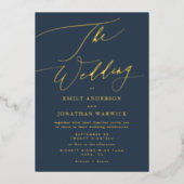 ネイビエレガントーブルフ実在ル結婚金ゴールド 箔招待状 (正面)