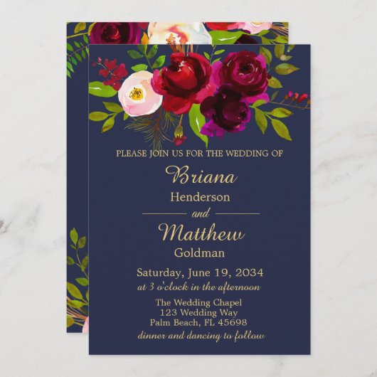 ネイビエレガントーブルブルゴーニュ結婚フローラ 招待状 (正面/裏面)