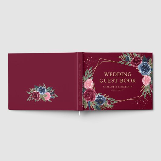 ネイビエレガントーブルブルゴーニュ金ゴールドジオメトリック結婚ス ゲストブック (全面)