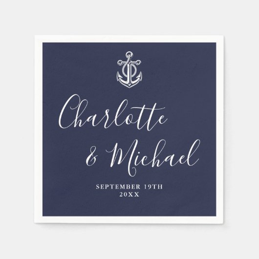 ネイビエレガントーブルーいかり航海の結婚ズ スタンダードカクテルナプキン (正面)
