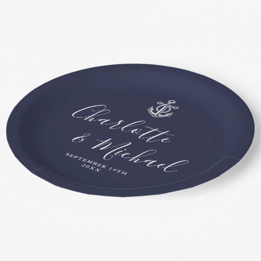 ネイビエレガントーブルーいかり航海の結婚ズ ペーパープレート (アングル)