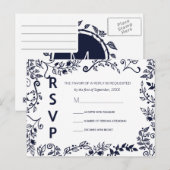 ネイビエレガントーブルーおよびホワイトフローラRSVPポストカード インビテーションポストカード (正面/裏面)