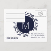 ネイビエレガントーブルーおよびホワイトフローラRSVPポストカード インビテーションポストカード (裏面)