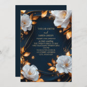 ネイビエレガントーブルーおよび金ゴールドフローラ 招待状 (正面/裏面)