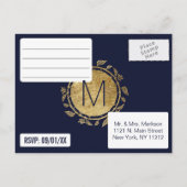 ネイビエレガントーブルーおよび金ゴールドフローラRSVPはがき インビテーションポストカード (裏面)