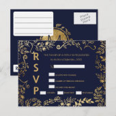 ネイビエレガントーブルーおよび金ゴールドフローラRSVPはがき インビテーションポストカード (正面/裏面)