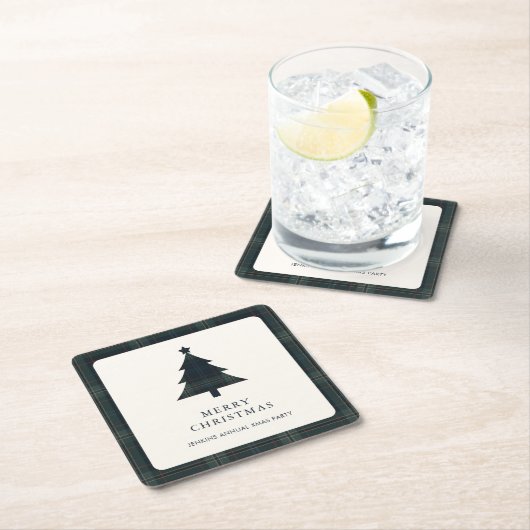 ネイビエレガントーブルーとグリーンプライドのクリスマスツリー スクエアペーパーコースター (インサイチュ)