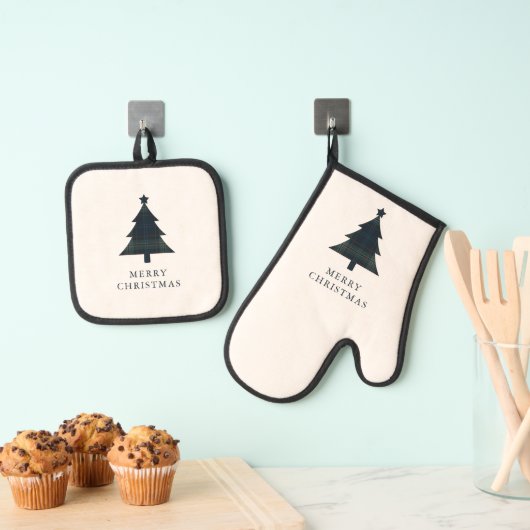 ネイビエレガントーブルーとグリーンプライドのクリスマスツリー 鍋つかみ&鍋敷きセット (インサイチュ (吊り下げ))