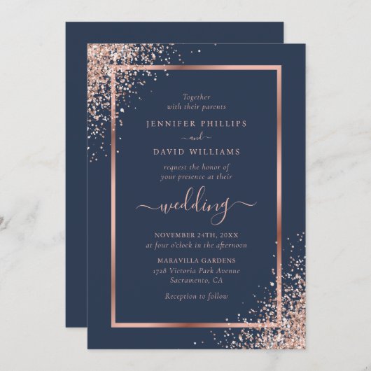 ネイビエレガントーブルーとバラ金ゴールドグリッター結婚ズ 招待状 (正面/裏面)
