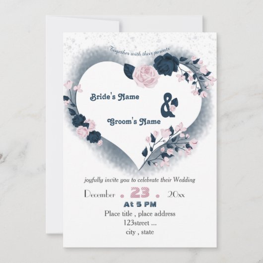 ネイビエレガントーブルーとピンクのフローラ結婚ハート 招待状 (正面)