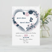 ネイビエレガントーブルーとピンクのフローラ結婚ハート 招待状 (スタンド正面)
