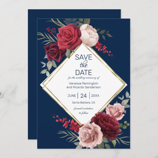 ネイビエレガントーブルーとブルゴーニュのフローラ水彩色 セーブザデート (正面/裏面)