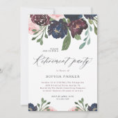 ネイビエレガントーブルーとプラムのフローラ退職パーティー 招待状 (正面)