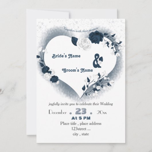 ネイビエレガントーブルーとホワイトのフローラハート結婚 招待状 (正面)