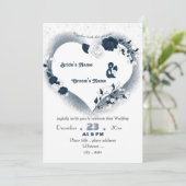 ネイビエレガントーブルーとホワイトのフローラハート結婚 招待状 (スタンド正面)