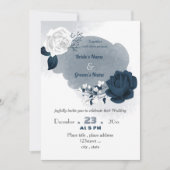 ネイビエレガントーブルーとホワイトの花結婚咲き 招待状 (正面)