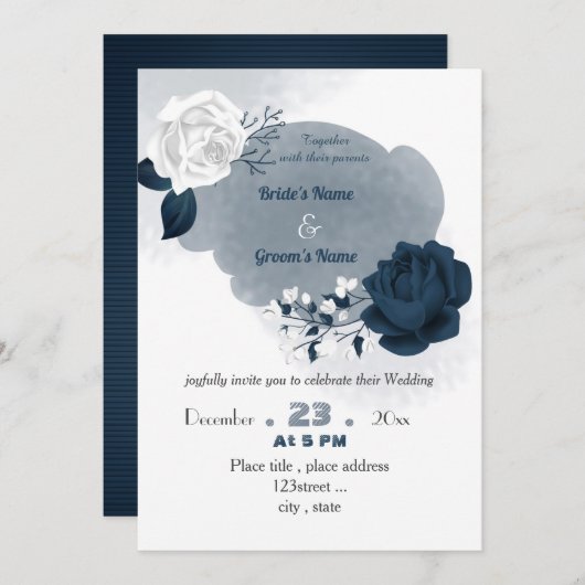 ネイビエレガントーブルーとホワイトの花結婚咲き 招待状 (正面/裏面)