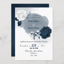 ネイビエレガントーブルーとホワイトの花結婚咲き 招待状