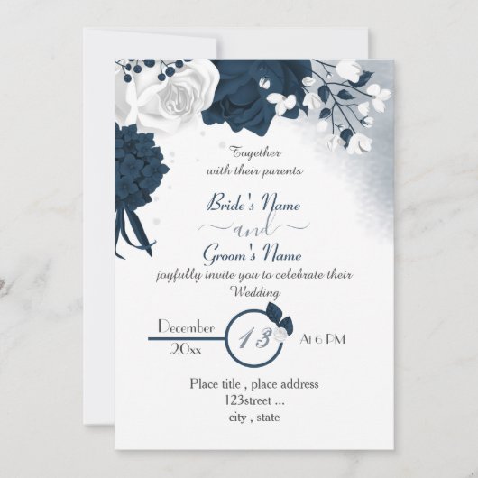 ネイビエレガントーブルーとホワイトの花結婚咲き 招待状 (正面)