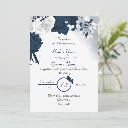 ネイビエレガントーブルーとホワイトの花結婚咲き 招待状 (スタンド正面)