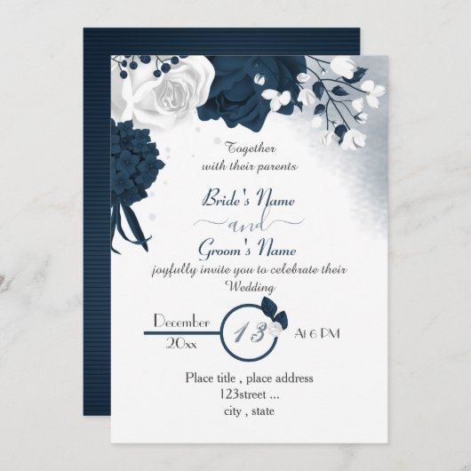 ネイビエレガントーブルーとホワイトの花結婚咲き 招待状 (正面/裏面)