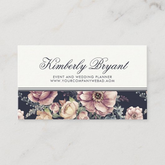 ネイビエレガントーブルーとマウーブフローラ |水彩 名刺 (正面)