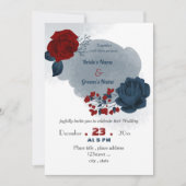 ネイビエレガントーブルーとレッドの結婚花 招待状 (正面)