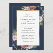 ネイビエレガントーブルーと赤面フローラ結婚ズ 招待状 (正面/裏面)