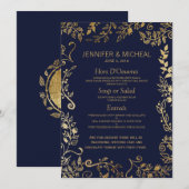 ネイビエレガントーブルーと金ゴールドのフローラ結婚のメニュー メニュー (正面/裏面)