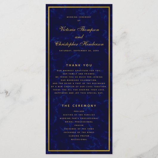 ネイビエレガントーブルーと金ゴールドの式結婚プログラム プログラム (正面)