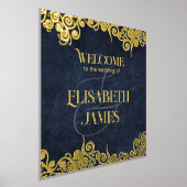 ネイビエレガントーブルーと金ゴールドの結婚歓迎 箔ポスター (レイダウン)