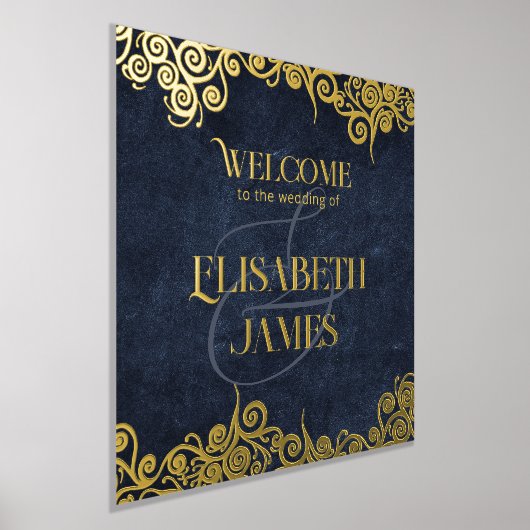 ネイビエレガントーブルーと金ゴールドの結婚歓迎 箔ポスター (レイダウン)