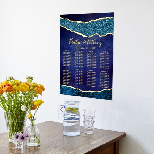 ネイビエレガントーブルーと金ゴールドアゲート結婚ズの座席 箔ポスター (レイダウン (キッチン))