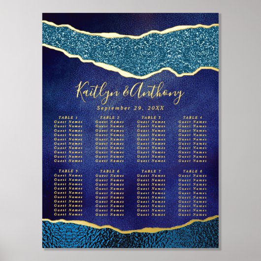 ネイビエレガントーブルーと金ゴールドアゲート結婚ズの座席 箔ポスター (正面)