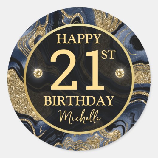 ネイビエレガントーブルーと金ゴールドグリッターアゲート誕生日 ラウンドシール (正面)