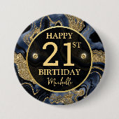 ネイビエレガントーブルーと金ゴールドグリッターアゲート誕生日 缶バッジ (正面)