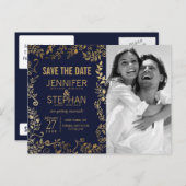 ネイビエレガントーブルーと金ゴールドフローラ保存日 案内ポストカード (正面/裏面)