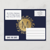 ネイビエレガントーブルーと金ゴールドフローラ保存日 案内ポストカード (裏面)